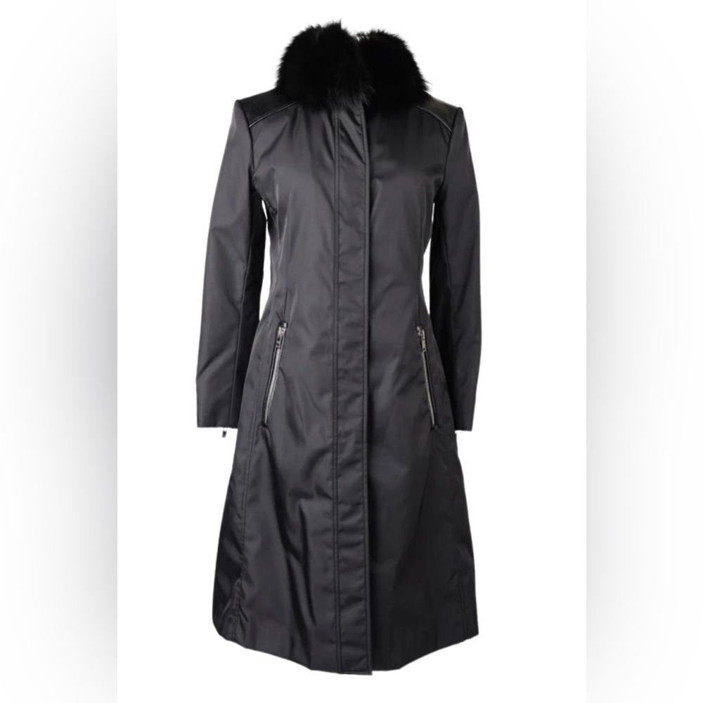 Prada black nylon padded fox collar coat